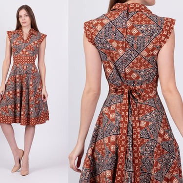 70s Boho Batik Sundress - Small | Vintage Fit & Flare Indian Block Print Hippie Mini Dress 
