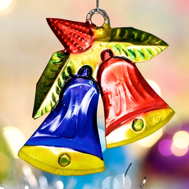 VINTAGE: Mexican Folk Art Tin Bell Ornament - Old Rustic Distressed Aluminum Ornament - Handcrafted Ornament - SKU 15-C1-00031100 