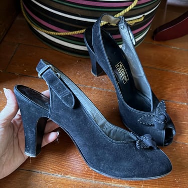 Vintage 1940s Black Suede Pin Up Heels by I. Miller ~ Size 7 
