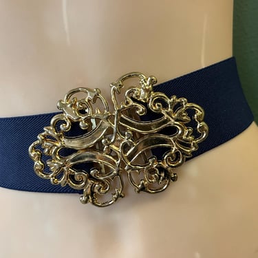 Vtg 80s/90s layered blue, yellow & tan elastic‎ stretch belt/brass floral detail 80s 90s Vintage Gold Flower Belt Buckle Purple | Hooked on  main image 2