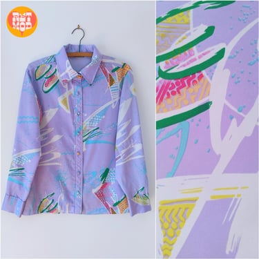 Psychedelic Pastel Vintage 70s Lanvin Button Down Collared Blouse 