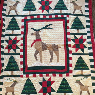 Christmas Tree Quilt Throw Patch Work Blanket ~ Red, Green, Ivory Material~ Reindeer, Stars, Trees, Vintage Holiday  Tablecloth handmade 