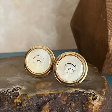 Monogram Cuff Links, Abalone Inlay, Letter G, MOP Shell, Vintage 60s 70s 