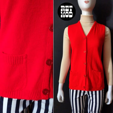 Fun Bright Red Vintage 60s 70s Soft Knit Vest with Pockets 