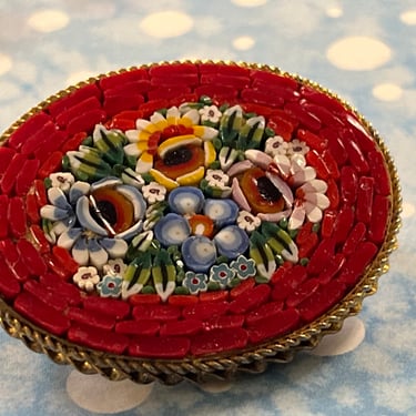 vintage micro mosaic brooch Italian red floral pin 