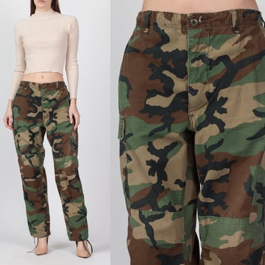 Vintage High Waist Camo Cargo Pants - 28"-34" | 80s Unisex Military Camouflage Army Field Trousers 