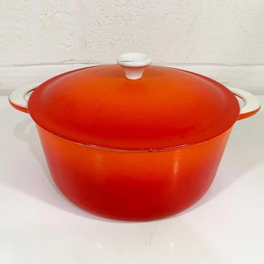 Vintage Danish Modern Orange Large Enameled Cast Iron Lidded Pot Dutch Oven Descoware Enamel Round 5 Qt Belgium 1970s 1960s Five Quart Lid 