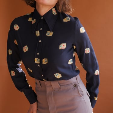 Vintage 70s Cacharel Dice Print Blouse/ 1970s Novelty Print Dagger Collar/ Size Small 