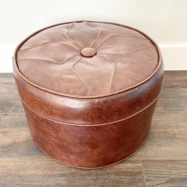 Mid Century Vintage Hassock Round Brown / Cognac Flower ￼Vinyl Ottoman Footstool