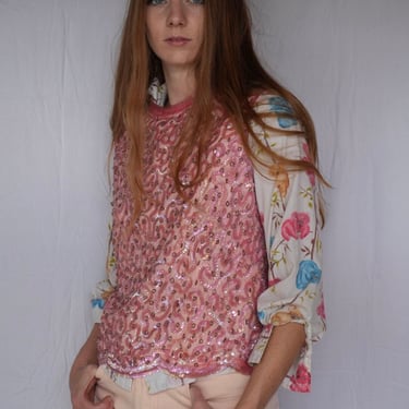 60's Pink Beaded Blouse / Sleeveless Party Knit Top / Cocktail Hour / Fancy Prom Shirt / Mid Century / Sixties Shell Sleeveless Blouse 
