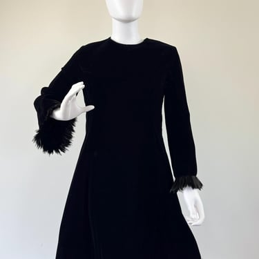 1970s Victor Costa Black Velvet Dress with Feather Trim 