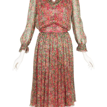 1980s Vintage Floral Print Lurex Silk Chiffon Pleated Evening Dress Sz S M 