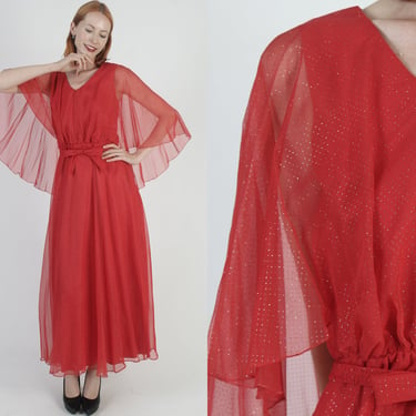 Mike Benet Formals Red Chiffon Dress Vintage 60s Holiday Party Gown Avant Garde Designer Belted Bridal Maxi Dress 
