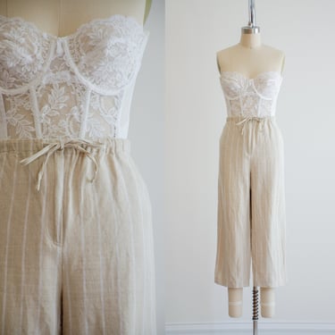 high waisted pants 90s y2k vintage beige white striped cropped linen pants 