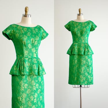 green brocade dress 50s 60s vintage Miss Brooks metallic gold floral peplum wiggle dress 