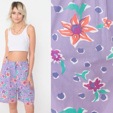 90s Floral Shorts Purple Bermuda Shorts Polka Dot Cotton Shorts Pleated Lavender Baggy Shorts High Waisted  Casual Retro Vintage 1990s Small 