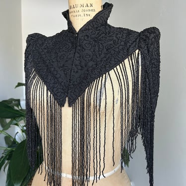 Heavily Beaded Black Victorian Capelet with Fringe Antique Mantle Mantlet 