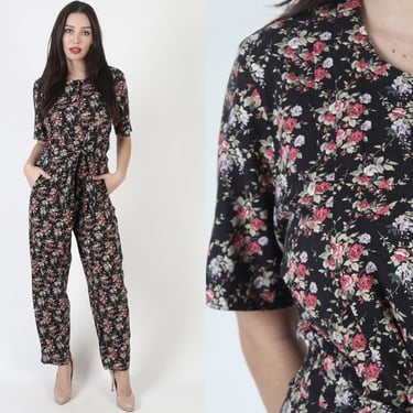 90s Grunge Jumpsuit With Pockets / Wide Leg Navy Palazzo Pants / Gypsy Tiny Liberty Print Floral Playsuit / Calico One Piece Pant Suit 