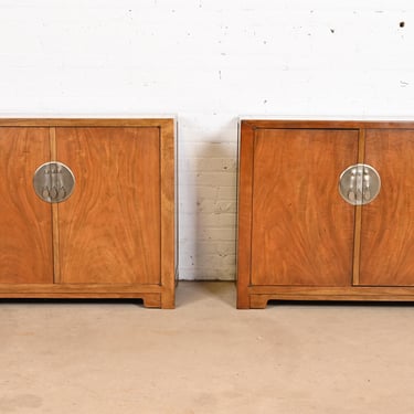 Michael Taylor for Baker Furniture Far East Collection Chinoiserie Burled Walnut Bar Cabinets, Pair