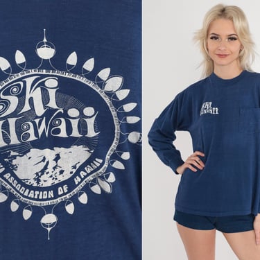 Ski Hawaii Shirt 80s Long sleeve Pocket Tee Hawaiian Skiier Association Graphic T-shirt Single Stitch Blue Vintage 1980s Crazy Shirts Large 
