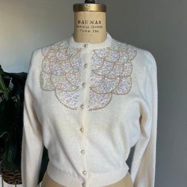 1950a Ivory Cashmere Sweater with Sequin Detail 38 Bust VIntage 