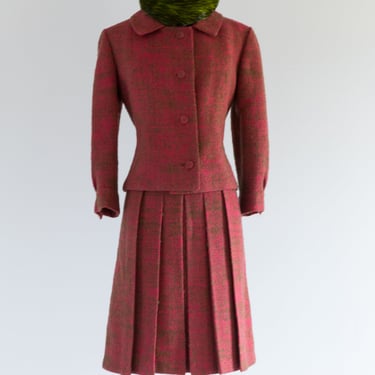 Classic 1960's Davidow Wool Ladies Suit In Pink &amp; Green Tweed / ML