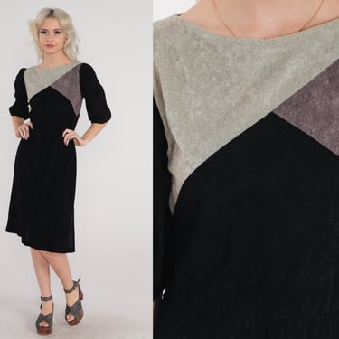 Black Terrycloth Dress 70s Midi Dress Puff Sleeve Grey Color Block Day Dress High Waisted Terry Cloth Secretary Vintage 1970s Small S 