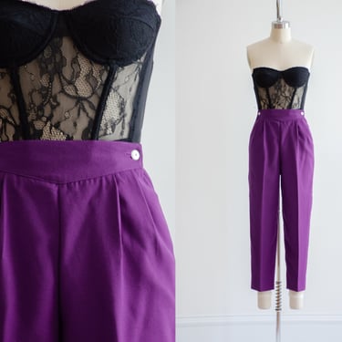 high waisted pants | 80s vintage bright purple pleated cropped ankle trousers 