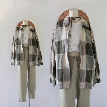 woven plaid shacket - vintage 90s y2k green beige womens long sleeve light lightweight fall shirt jacket 