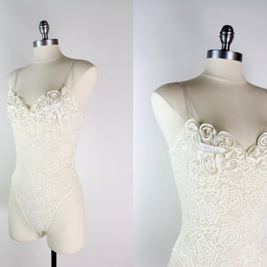 90s Val Mode White Bodysuit / Mesh Back / Wedding Lingerie / Vintage One piece / Bridal / Size XS/S/M 