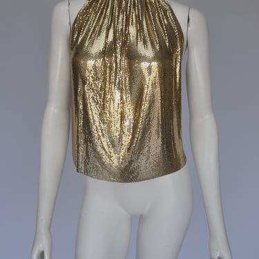 vintage 1970s gold mesh halter top shirt ONE SZ 