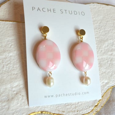 Pink and white checkered earrings 