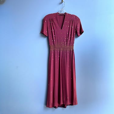 Vintage 1940s Dress / 40s Studded Rayon Dress / Burgundy ( XS ) 