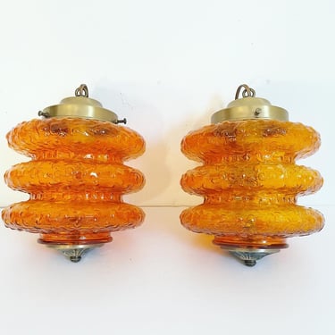1960s Orange Glass Hanging Lights - Pair 