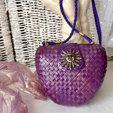 Woven Raffia Cross Body Purse, Artsy Sun Trim, Optional Clutch, Purple and Gold, Deadstock, NOS Vintage, Vegan 