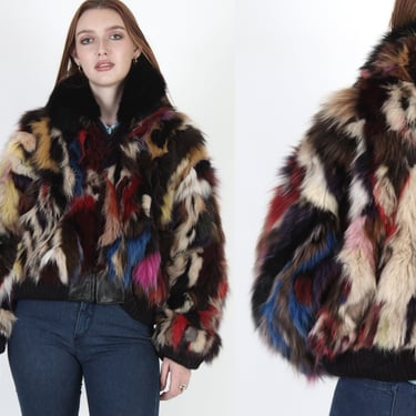 80s Rainbow Arctic Fox Coat, Real Plush Patchwork Fur Jacket, Colorful Fury Casual Bomber Jacket 