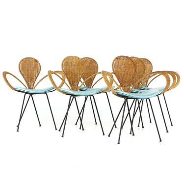 Arthur Umanoff for Howard Shafer Mid Century Rattan and Iron Dining Chairs - Set of 6 - mcm 