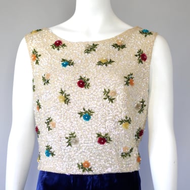 1950s Rosette Sequin Embellished Wool Knit Sleeveless Top - Vintage Crown Originals - Medium 