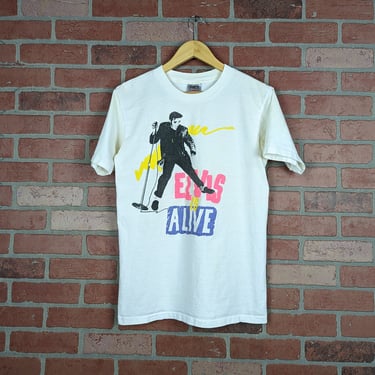 Vintage 80s Elvis is Alive ORIGINAL Puff Print Graphic Tee - Medium 