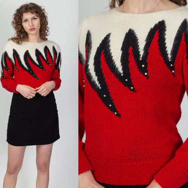 80s Red & White Flame Angora Sweater - Small | Vintage Cropped Knit Pullover 