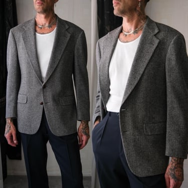 Vintage 80s Ralph Lauren Polo University Salt & Pepper Herringbone Tweed Blazer | Made in USA | 100% Wool | 1980s POLO RRL Designer Coat 