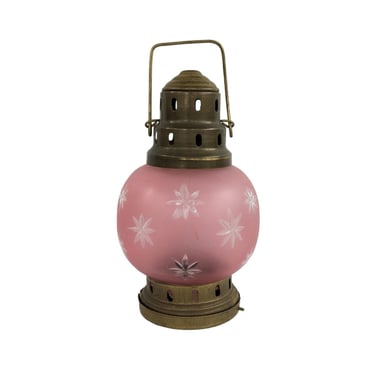 Vintage Brass Candle Lantern, Hanging Candle Lamp with Pink Frosted Glass with Etched Stars 