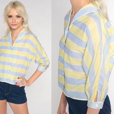 80s Striped Blouse Yellow Blue Button up Top 3/4 Dolman Sleeve Collar Retro Preppy Casual Summer Streetwear Basic Vintage 1980s Byer Small S 