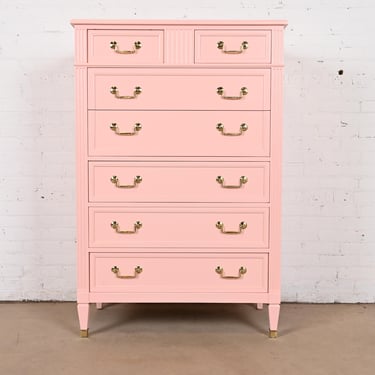 Kindel Furniture French Regency Louis XVI Pink Lacquered Highboy Dresser, Newly Refinished