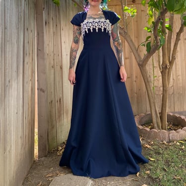 Vintage 1990’s Floor Length Navy Blue Dress with White Lace 