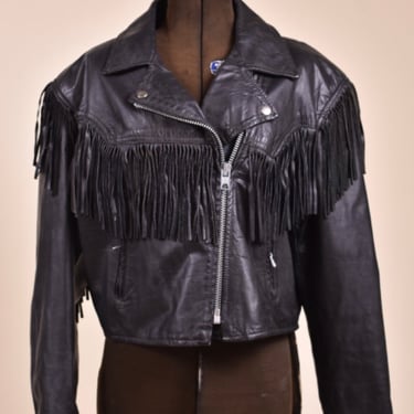 Black Fringe Leather Moto Jacket By Fidelity Outerwear, XL