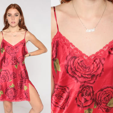 Victoria's Secret Slip Dress Red Satin Floral Lace Nightgown Mini Lingerie Rose Slip Flower Print Vintage Y2K Spaghetti Strap 00s Large L 