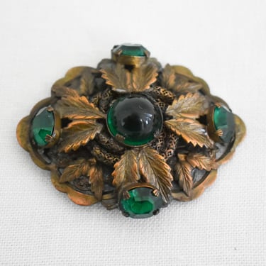 1930s Kaywin Green Glass and Brass Large Dress Clip 