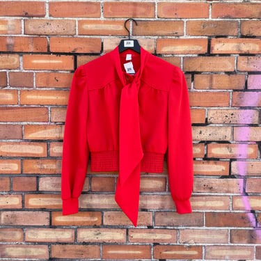 vintage 70s red cropped ascot blouson blouse / s m small medium 