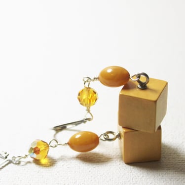 Vintage Bakelite Cube Earrings 1940s Handmade Assemblage Butterscotch Yellow Swarovski Crystal Pierced 